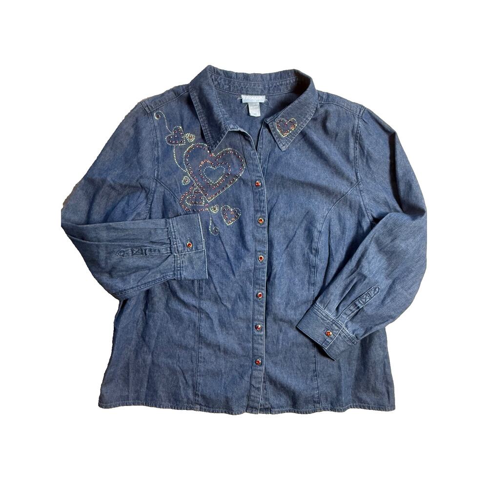 Liz & Me Denim Shirt Sx 1X 18W 20W Red Hearts Crystal Studs Vtg 100% Cotton
